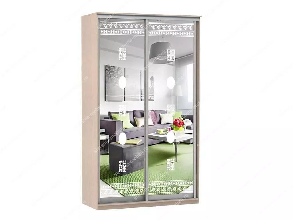 Шкаф купе Модерн 1190х450 2-х дверный 2-х секционный зеркальный с пескоструем №2 ясень